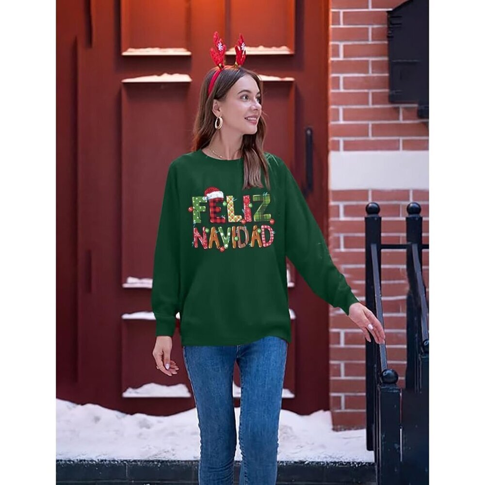 Women Christmas Sweatshirt Bright Lights Santa Feliz Navidad Mexican Holiday Top - Picture 3 of 5